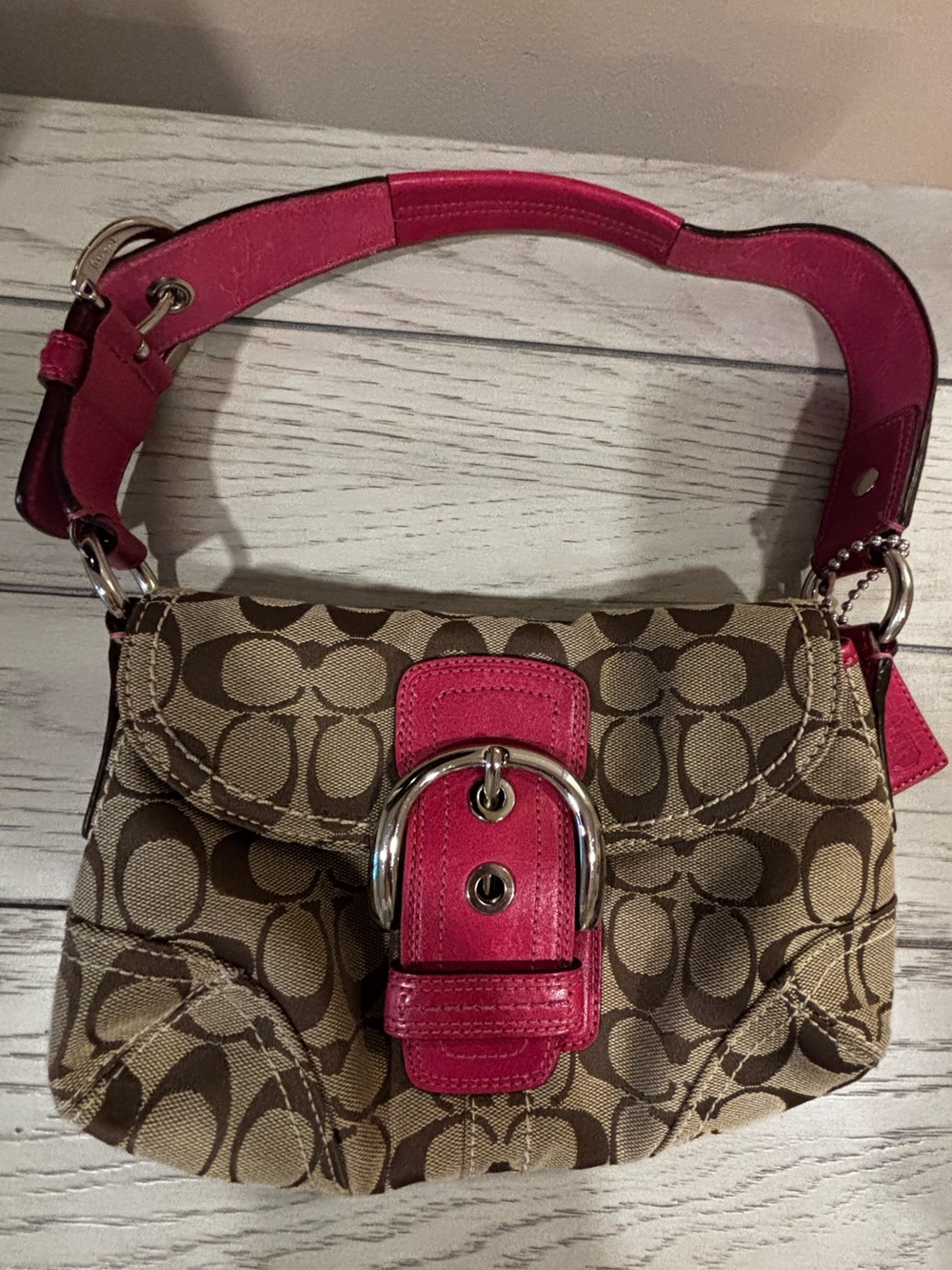 Coach Brown Signature Shoulder Bag with Pink Leather Accents